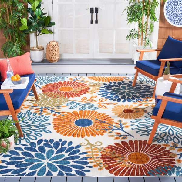 Ebern Designs Kellems Floral Creme / Red Indoor / Outdoor Area Rug